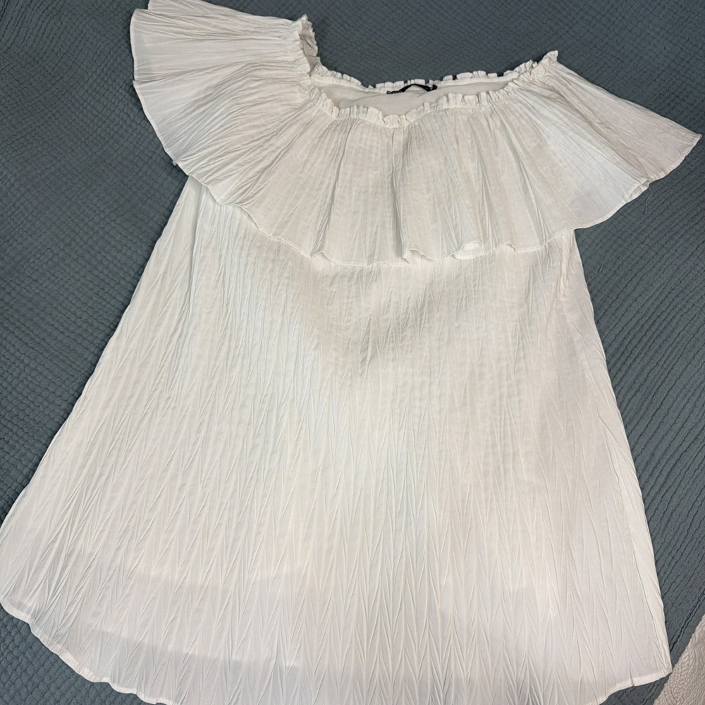 ZARA Women's M Voluminous Pleated Short Dress Off Shoulder White Wide Neck EUC